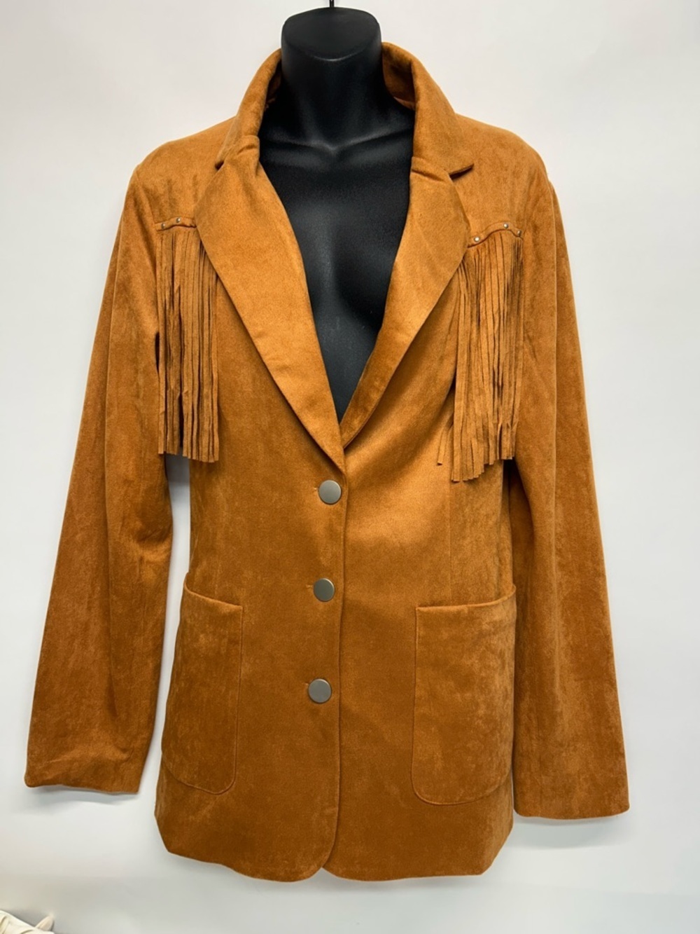 Fringe Suede-Look Blazer Jacket - Rust Brown small main strip, soft thin western